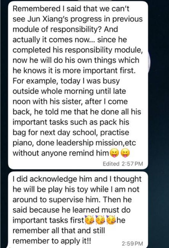 WhatsApp message from a Hankidz parent about her son completing his responsibilities unprompted