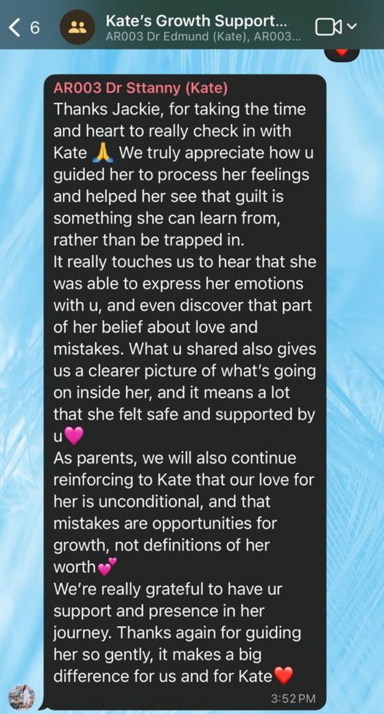 WhatsApp message from Kate's parents thanking their Hankidz coach