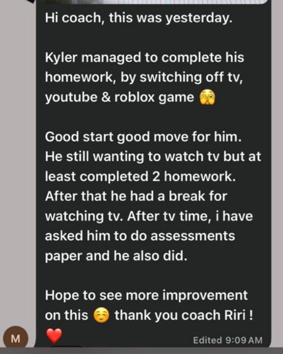 WhatsApp message from a parent about Kyler finishing homework on his own